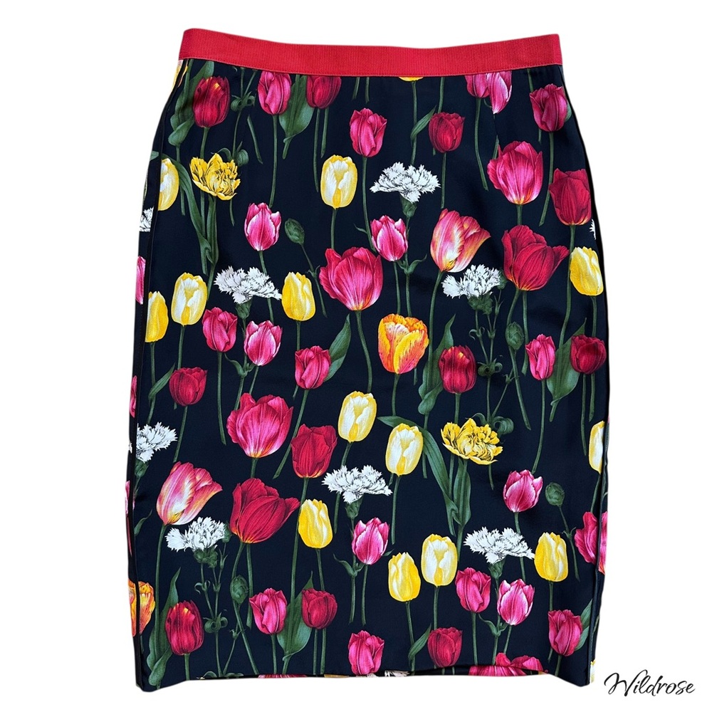 Dolce & Gabbana Silk Tulip Print Pencil Skirt | Red Waistband | IT 40, US 4